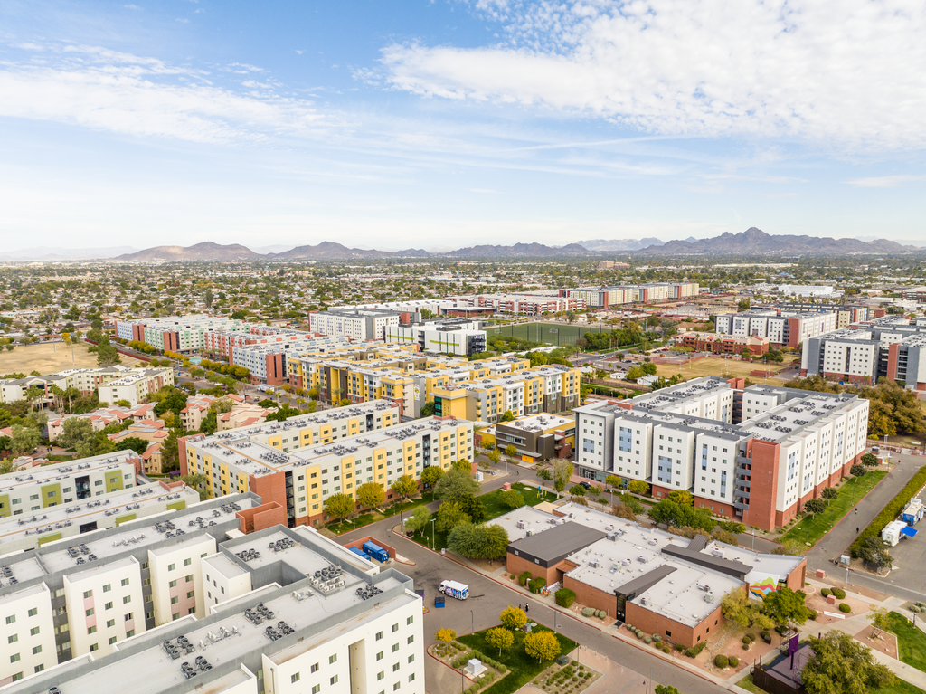 Aerial view of GCU campus with mountains in the background
